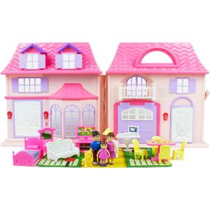 Boley American Doll House - 21 Pc Kids & Toddler Toy House Playset with Furniture, Dolls, Lights & Sounds, Foldable Portable Dollhouse for Girls & Boys