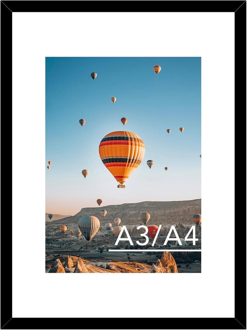 11.7x16.5 A3 Picture Frame Black with 8.3x11.7 A4 Mat, Display Photo 8.3x11.7 with Mat or 11.7 x 16.5 Without Mat, Wall Hanging Large Frame with Plexiglass, Black