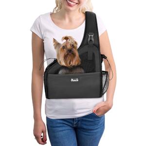 SlowTon Pet Dog Sling Carrier, Hands Free Hard Bottom Papoose Small Animal Puppy Up to 6 lbs Travel Bag Tote Breathable Mesh Support Adjustable Padded Strap Pocket Safety Belt(Widened Black)