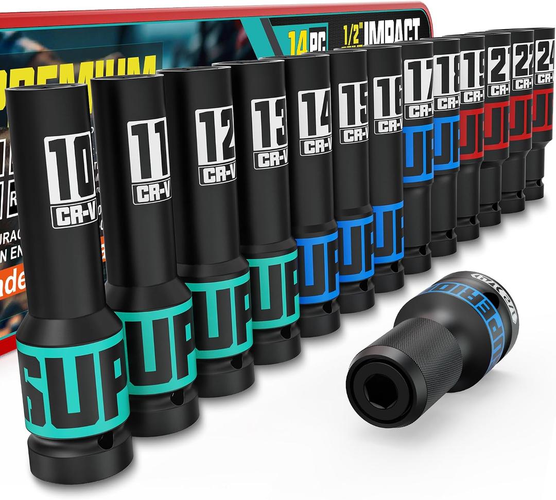 14-Piece 1/2" Drive Impact Socket Set, 10-24mm Thicker Deep Sockets with Storage Case and 1/2 to 1/4 Impact Wrench Adapter, Metric 6 Point Socket Set for Automotive and Home
