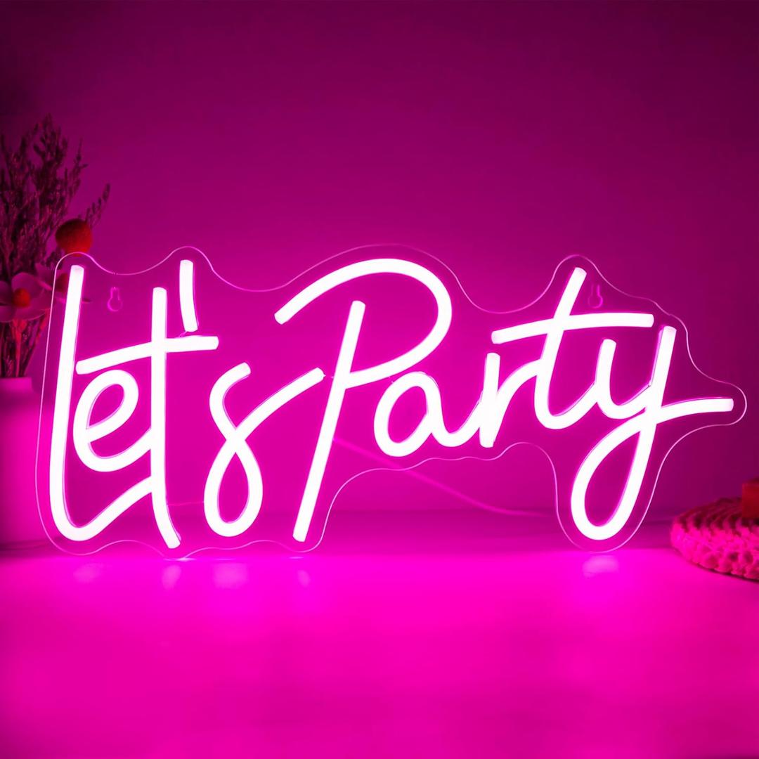 Let's Party Neon Sign, LED Dimmable Let's Party Light Up Sign Neon Light Signs for Wall Decor Art Decorative Lights for Birthday, Wedding, Bachelorette, Engagement Party Decorations 15.91x7.09 Pink