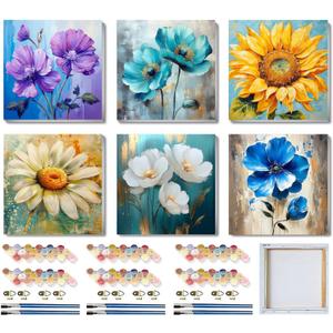 SYDYLH 6 Pack Paint by Numbers Kit for Adults/Kids, Easy Framed Adults Paint by Numbers Kits, DIY Simple Flowers Acrylic Oil Painting Number Kits for Home Wall Decor (8 x 8 Inch)