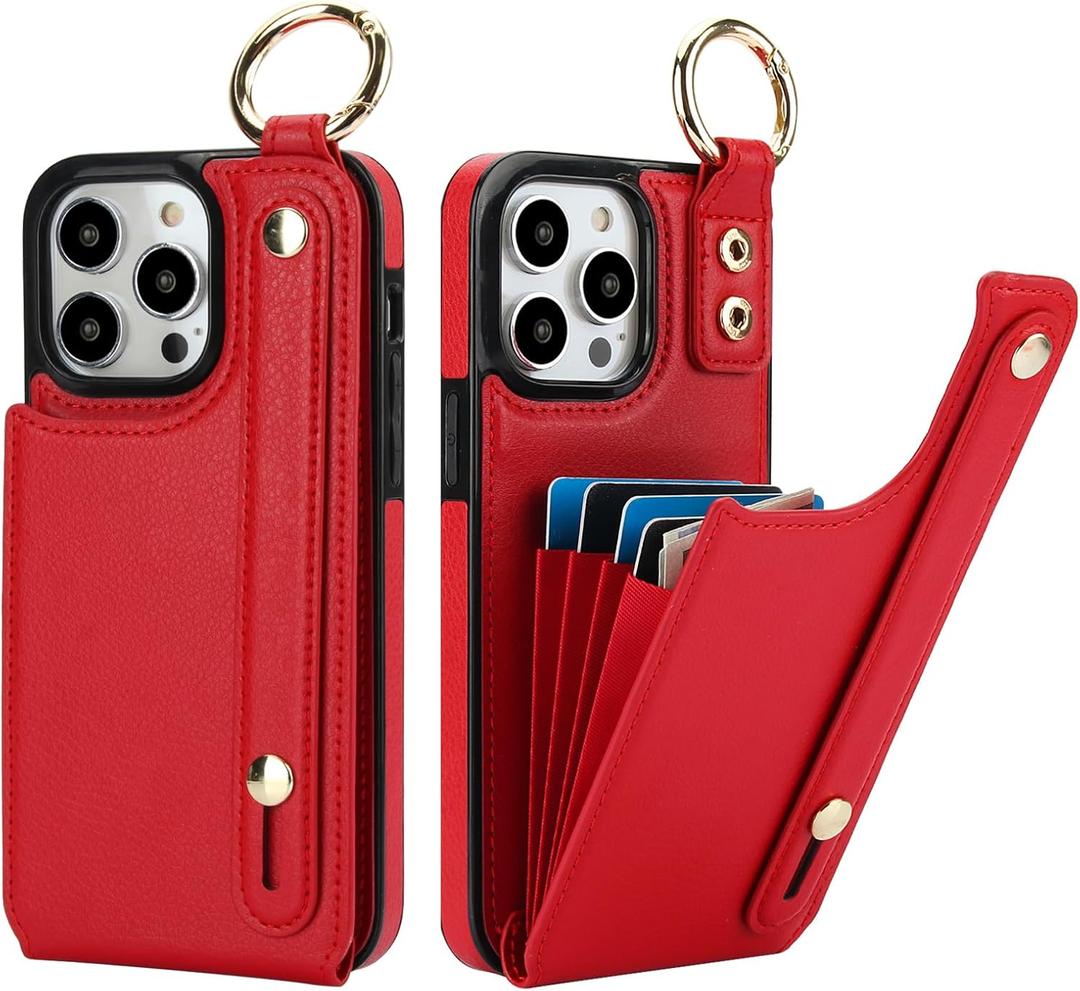Folosu for iPhone 14 Pro Max Wallet Case with Card Holder, Hand Wrist Strap Loop Holder Kickstand, RFID Blocking Finger Grip Ring PU Leather Double Buttons Shockproof Cover 6.7" Red