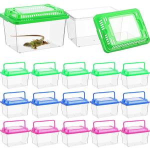 LemonRoad 15 Pcs Plastic Reptile Terrariums Carrier Cage Enclosure Snake Breeding Box Hatching Container Transparent Fish Tank with Ventilated Lid for Tarantula Spider Turtle Lizard (5.1x3.5x3.5 Inch)
