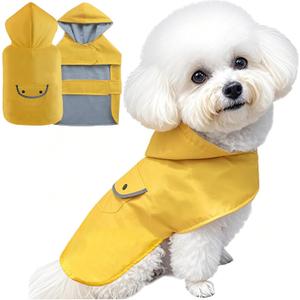 Dog Raincoat Dogs Rain Jacket Reflective Waterproof Pet Clothes Lined Poncho Rainwear Pocket Hooded Leash Hole Adjustable for Small Medium Dogs Puppy,Yellow, XS, Back Length 6.8 Inch