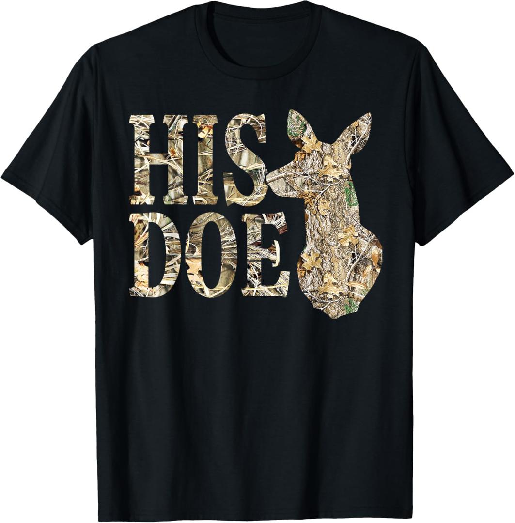 Retro His Doe Camo Deer Hunting Camouflage Matching Couple T-Shirt, Size Ladies XL