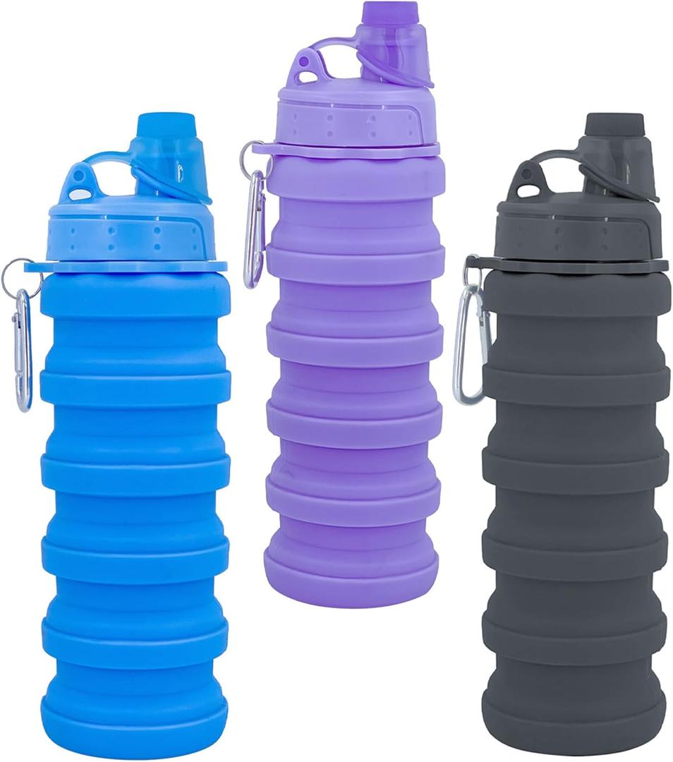 Collapsible Water Bottles Travel water bottle Sports Portable Sport Water Bottle Reusable Water Bottles comes with mountaineering Buckle 500ml silicone Water-proof camping water bottle (Blue+Purple+Grey)