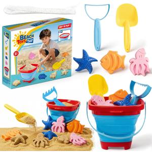 Beach Sand Toys Set for Toddlers, Portable Travel Beach Toys with Collapsible Bucket, Shovel, Rake, 3 Molds & Mesh Storage Bag for Kids, Summer Gift