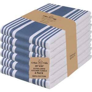 Urban Villa Kitchen Towels 100% Cotton Pack of 6, Highly Absorbent Quick Drying Super Soft Premium Dish Towels for Kitchen with Hanging Loop Hand & Tea Towels - 20x30 Inch, (Blue & White, Striped)