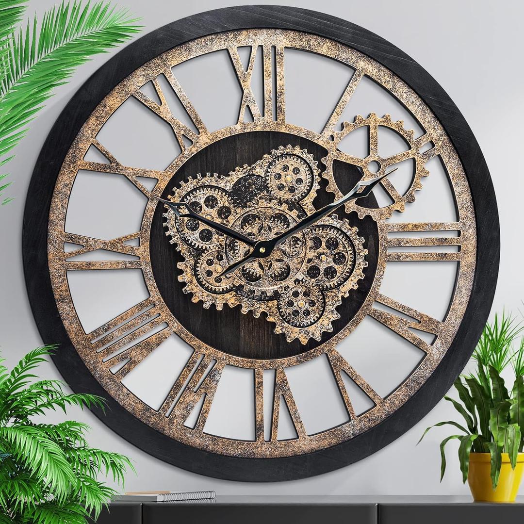 HOIBAI Wall Clock for Living Room Decor, Large, 24 in (60cm), Moving Gear, Farmhouse Vintage Industrial Oversized Wall Clock (Retro Black With Bronze Gears)