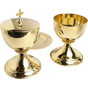 Needzo High Polished Brass Chalice,Paten and Ciborium Set, Catholic Church Communion Supplies, 5.75 Inches