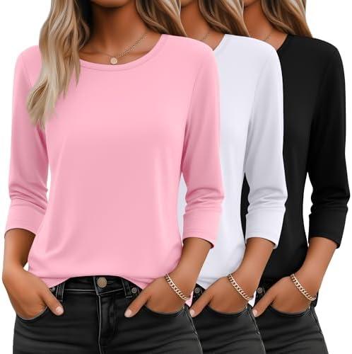 Ficerd 3 Pack 3/4 Sleeve Tops for Women Round Neck Dressy Basics Tees Casual Trendy Loose Fit T Shirts, M