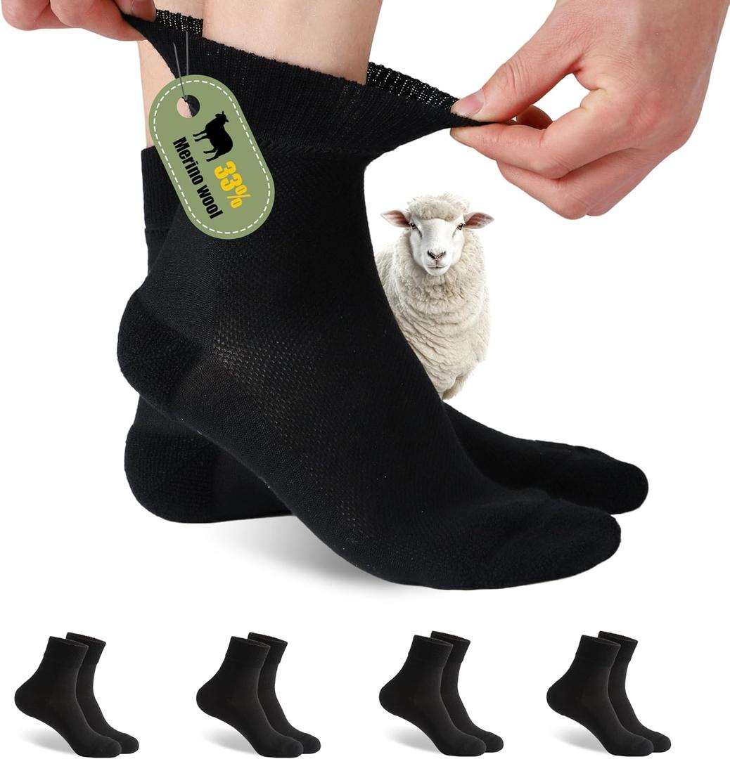 Forcool 4 Pairs Merino Wool Diabetic Socks for Men and Women, Loose Ankle Extra-Wide Thin Seamless Toe Non-Binding Top, M