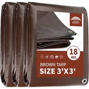 RAINDEWAY 3x3 Feet (3 Pack) Super Heavy Duty Tarp 18 Mil,Small Tarps UV Resistant, Weatherproof, Multipurpose Waterproof Poly Tarp Cover with Grommets and Reinforced Edges,Brown Tarps