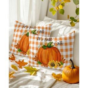 Thanksgiving Pumpkin Throw Pillow Covers 12x20 Set of 2,Fall Orange Plaid Decorative Pillow Covers,Maple Leaf Sunflower Cushion Case for Sofa Couch Patio Garden Bedroom