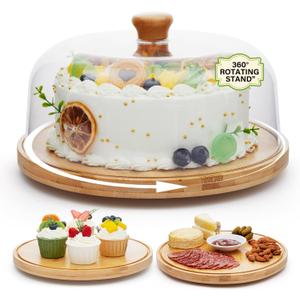 Rotating Cake Stand with Lid, 12'' Wood Food Plate with Cover, Serving Tray, Fruit Platter, Salad Bowl, Dessert Table Display & Acrylic Cake Dome Cover for Party