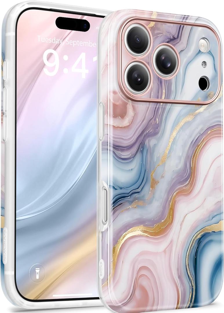 GVIEWIN for iPhone 17 Pro Case Compatible with MagSafe, [Full Camera Protection][Military-Grade Protection] Shockproof Protective Slim Magnetic Marble Phone Case for 17 Pro 6.3", Swirls/Colorful
