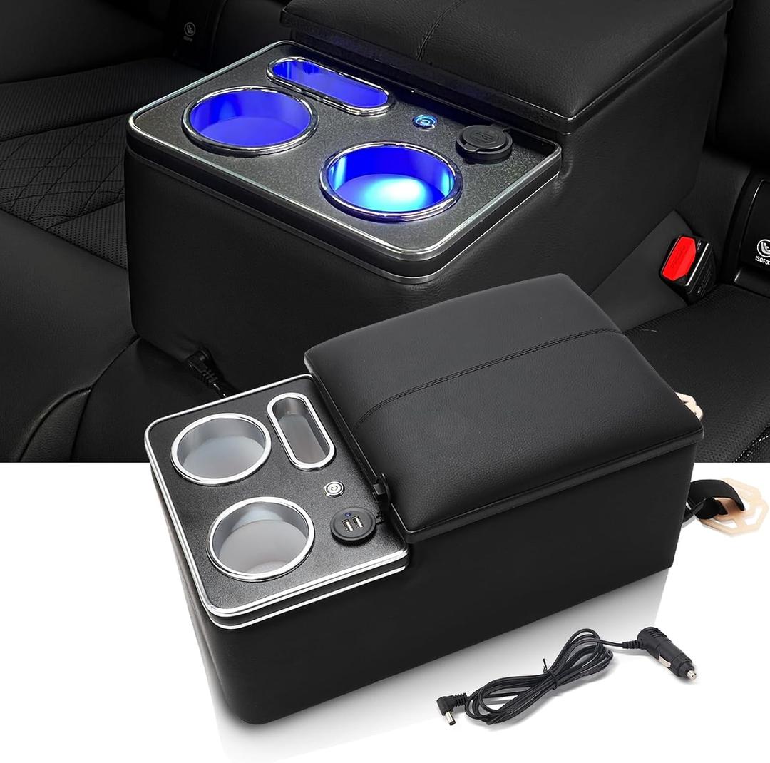 Upgrade Center Console Organizer with Cup Holder& Phone Holder for Car & Van & Truck Floor Cab Back Bench Seat Armrest Middle Storage Box - Black