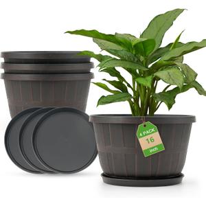 Quarut 16 Inch Brown Classic Plastic Whiskey Barrel Planters Set of 4 with Drainage Holes & Trays for Indoor & Outdoor Use