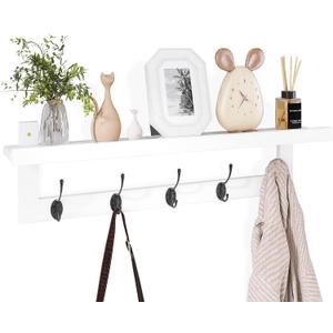 SMIBUY Coat Hooks with Shelf Wall-Mounted, 29.2 Inch Entryway Coat Rack for Wall, Bamboo Hanging Shelf with 5 Double Metal Hooks for Bathroom, Bedroom, Kitchen, Living Room (White + Black)