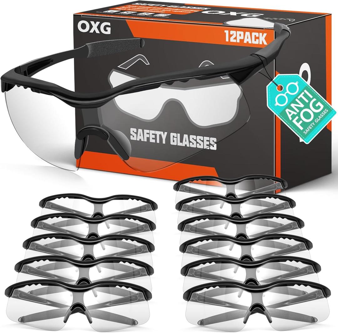 OXG 12 Pack Anti Fog Safety Glasses for Men, ANSI Z87.1 Safety Goggles Impact Scratch Resistant Eye Protection for Work (Clear)