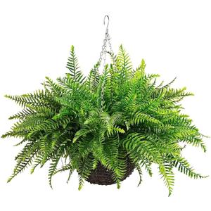 QIANYUN 1PCS Fake Hanging Plant- Boston Ferns UV Resistant Plastic Plants for Bedroom Living Room Garden Decor- Including Hanging Planters (Persian-Green)