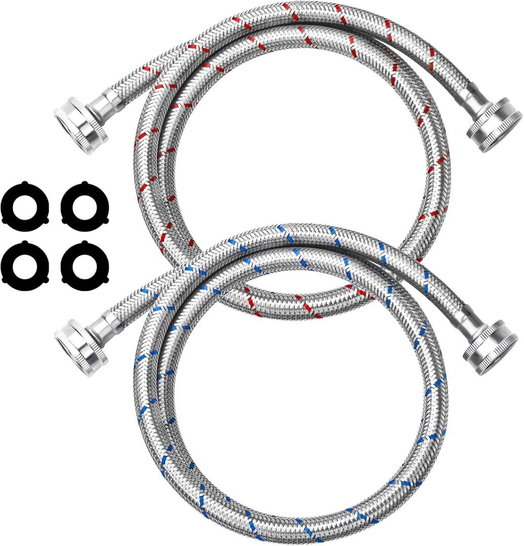 4Ft Stainless Steel Washing Machine Hose by Puxyblue for All Washers - 2 Pack Burst Proof Red and Blue Braided Hoses for Hot and Cold Water Supply 