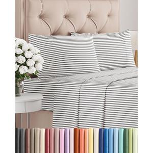 Cal King Size 4 Piece Sheet Set - Comfy Breathable & Cooling Sheets - Hotel Luxury Bed Sheets for Women & Men - Deep Pockets, Easy-Fit, Soft & Wrinkle Free Sheets - Grey Stripes Oeko-Tex Bed Sheet Set