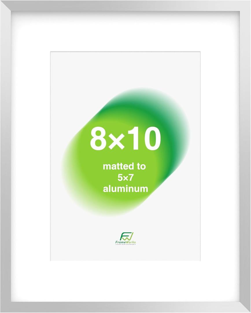 FrameWorks 8x10 Matted to 5x7 Picture Frame  Aluminum Frame w/Tempered Glass, Removable Mat for Photos, Posters, Art, Stylish Wall Frame for Home Decor, Gallery Walls, Office, Living Room - Silver