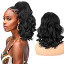 Long Natural Black Drawstring Ponytail Extension for Black Women 18inch Loose Curly Ends Yaki Straight Drawstring Ponytail Synthetic Slight Kinky Straight Pony Tail Hairpieces for Daily Use (18 Inch Curly Ends Yaki Ponytail Only, 1B Natural Black)