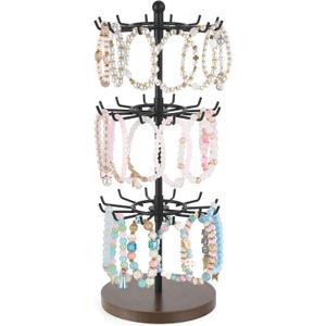 Mkono Bracelet Holder Gold Metal Rotating Bracelet Display Stand 3 Tier Jewelry Tower rack with 36 Hooks and Wood Base Modern Adjustable Storage Organizer Tree for Selling KeyChain Bangle Accessories