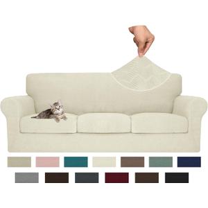 MAXIJIN 4 Piece Couch Covers for 3 Cushion Couch Sofa Covers, Stretch Couch Slipcovers for Sofas with 3 Cushions, Thick 3 Seat Furniture Protector for Dogs Pet (71"-91", Beige)