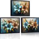 LevvArts Floral Wall Art Lily Flowers Painting Canvas with Black Frame Teal Brown and Gold Bathroom Wall Decor, 3 Packs