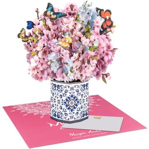 Cherry Blossom 3D Pop Up Card with Butterflies Floral Bouquet with Envelopes and Note Card for Birthdays Mothers Day Anniversary Valentines Day and Special Occasions for Mom Grandma Wife and Friend