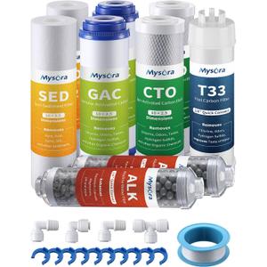 F9K NSF Certified 1-Year Reverse Osmosis Water Filter Replacement Set Compatible with iSpring RCC7AK, 9-Count for 6-Stage RO System with Alkaline Remineralization Filter, Without RO Membrane