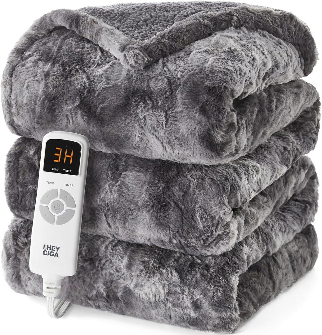 EHEYCIGA Electric Heated Throw Blanket Twin Size Faux Fur, 10 Hours Auto Shut Off 9 Heating Levels Heating Blanket for Kids, Soft Warm Heated Blanket Fast Heating Grey, Faux Fur & Sherpa