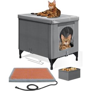 Heated Cat House for Outside, Foldable Outdoor Cat House for Winter Insulated Waterproof with Thermostatic Pet Heating Pad, Cat Shelter with PVC Roof &Door for Outside Stray Barn Cat (Gray, Extra Large)
