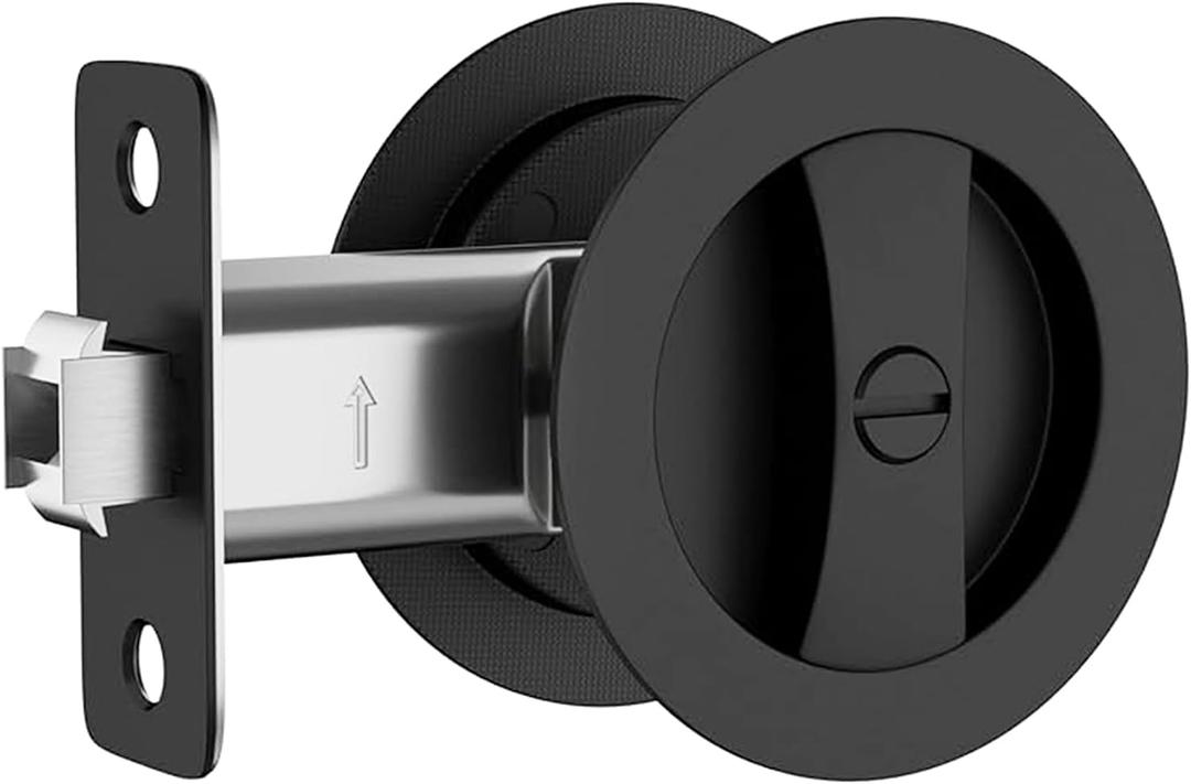 Pocket Door Hardware Pocket Door Lock, Matte Black Round 1Pack | ‌Fits 1 3/8–1 15/16" door thickness, fixed 2 3/8" backset—Reversible Privacy Sliding Pocket Door Latch for Bathroom Bedroom