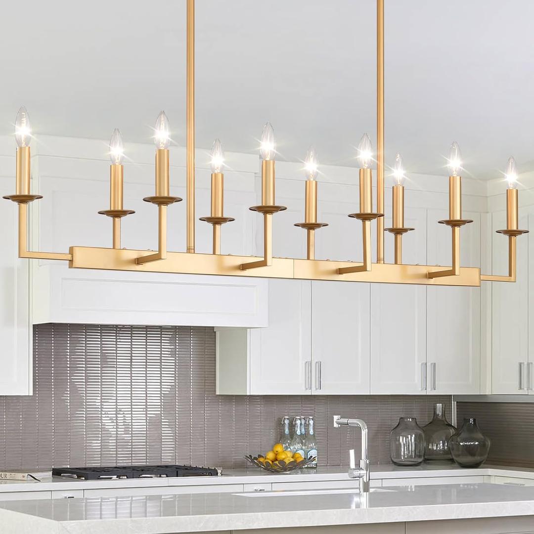 48-Inch Rustic Gold Linear Chandelier,Extra Long Candle Chandelier,Gold Light Fixture for Dining Room Living Room Kitchen Island, Modern Rectangular Chandelier(10-Light,Bulbs Not Included)