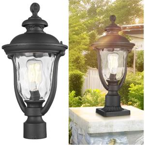 Outdoor Post Lights, Modern Exterior Lamp Posts Light Fixtures, Waterproof and Anti-Rust Aluminum Outside Pole Latern for Porch Patio Garden, Water Ripple Glass Lamp Shade, Black Finish