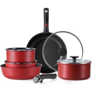 CAROTE Pots and Pans Set Non Stick, Cookware Sets, Oven/Fridge Safe, Space Saving Pots Set, 11pcs Kitchen Set, Nonstick Set with Versatile Removable/Detachable Handle, Induction RV Set, Red and Black