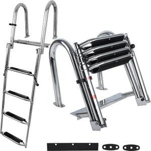 Pontoon Boat Ladder,Polished 316 Stainless Steel 4 Step Telescoping Ladder,600LBS Capacity for Sailboats,Ships,Most Swimming Pools,Docks,pontoons.