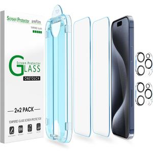 amFilm Easiest Installation OneTouch for iPhone 15 Pro Max Screen Protector [6.7 Inch] Tempered Glass + Camera Lens Protector, Auto-Alignment Tech, Bubble Free, Case Friendly, Anti-Scratch [2+2 Pack]