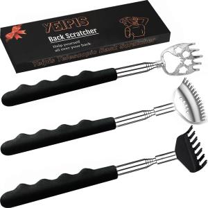 3 Pack Different Back Scratcher Metal Portable Telescoping with Rubber Handles, Extendable Back Massager Tool with Beautiful Box, Stocking Stuffers for Men Women Christmas Presents(Black)
