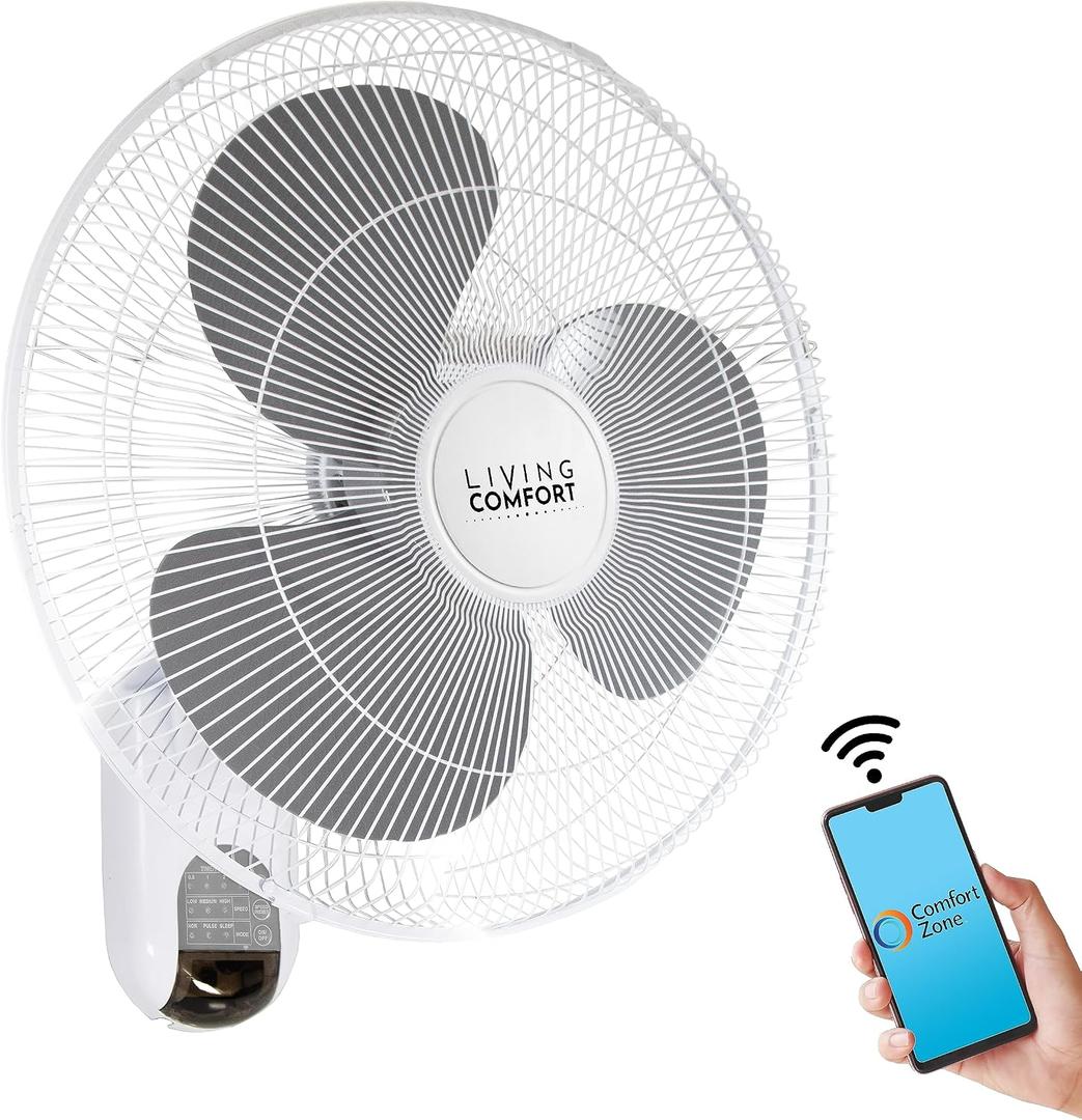 Comfort Zone 16-Inch Smart WiFi Wall Mount Fan, Oscillating 3-Speed Indoor Fan with App Control, Timer & Sleep Mode Quiet Adjustable Tilt, All-Metal Grille Space-Saving Cooling for Home or Office