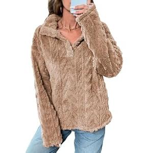BLENCOT Women Fashion Button Down Collar Textured Shearling Long Sleeve Plain Cable Casual Fuzzy Fleece Ladies Sweatshirts Pullovers Shirts Tops Khaki, 2XL