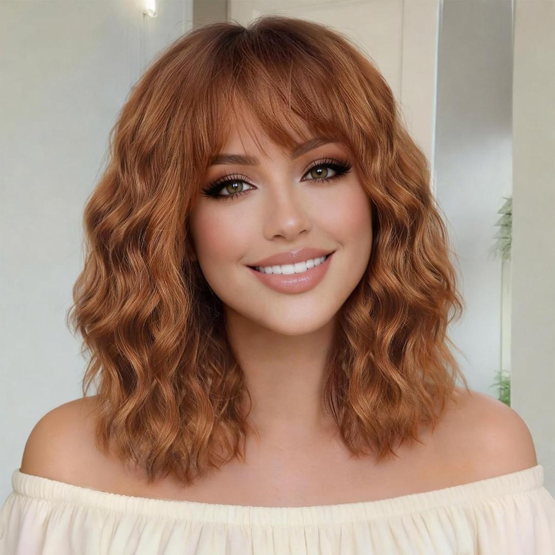 Auburn Wigs for Women Bob Wig with Bangs Short Curly Synthetic Shoulder Length Hair Wavy Natural Looking for Party Daily Use