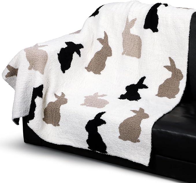 Oudain 52" x 60'' Soft Blanket Cozy Knitted Throw All Season Use Cute Bunny Blanket for Women Suitable for Couch Bed Sofa Retro Bunny Soft Knitted Throw 2 PCS