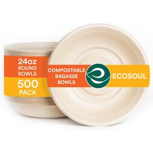 Ecosoul 100% Compostable 24 Oz Soup Bowls [500-Pack] Disposable dinner bowls I Heavy duty paper bowl I Eco-friendly salad bowl I Biodegradable large Bowls (Natural)