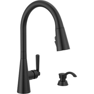 Delta Boyd Matte Black Kitchen Faucet with Pull Down Sprayer and Soap Dispenser, Modern Single Hole Kitchen Sink Faucet, Single Handle, Matte Black 19893Z-BLSD-DST